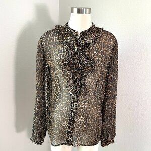 Tahari Womens Plus 1X Leopard Ruffle Button Up Blouse Sheer Shirt Top